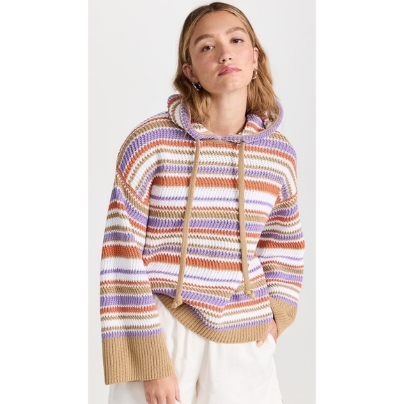 Rebecca Taylor Cotton Multi Colored Chevron Striped Knit Sweater Hoodie Small